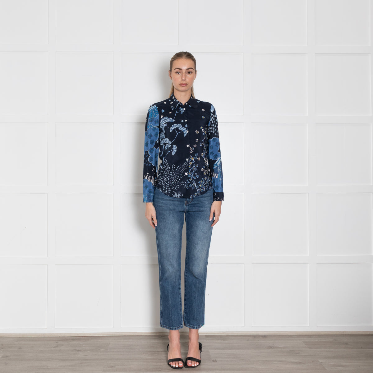 Red Valentino Blue Mix Flower Print Silk Shirt