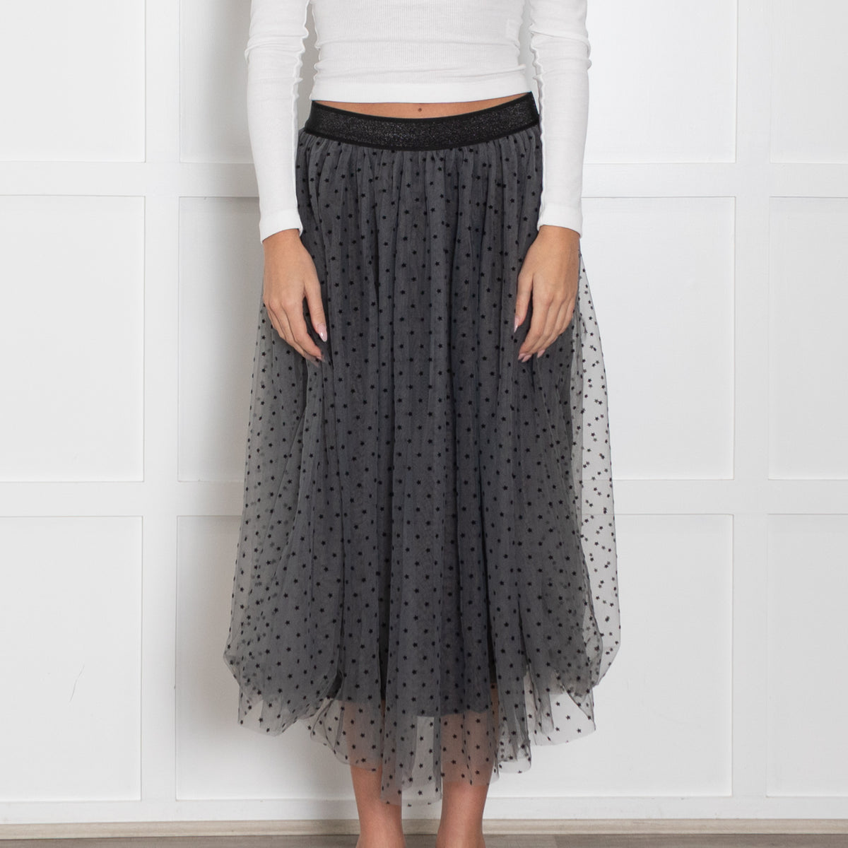 Wyse Lou Lou  Tulle Grey Skirt With Black Polka Dots