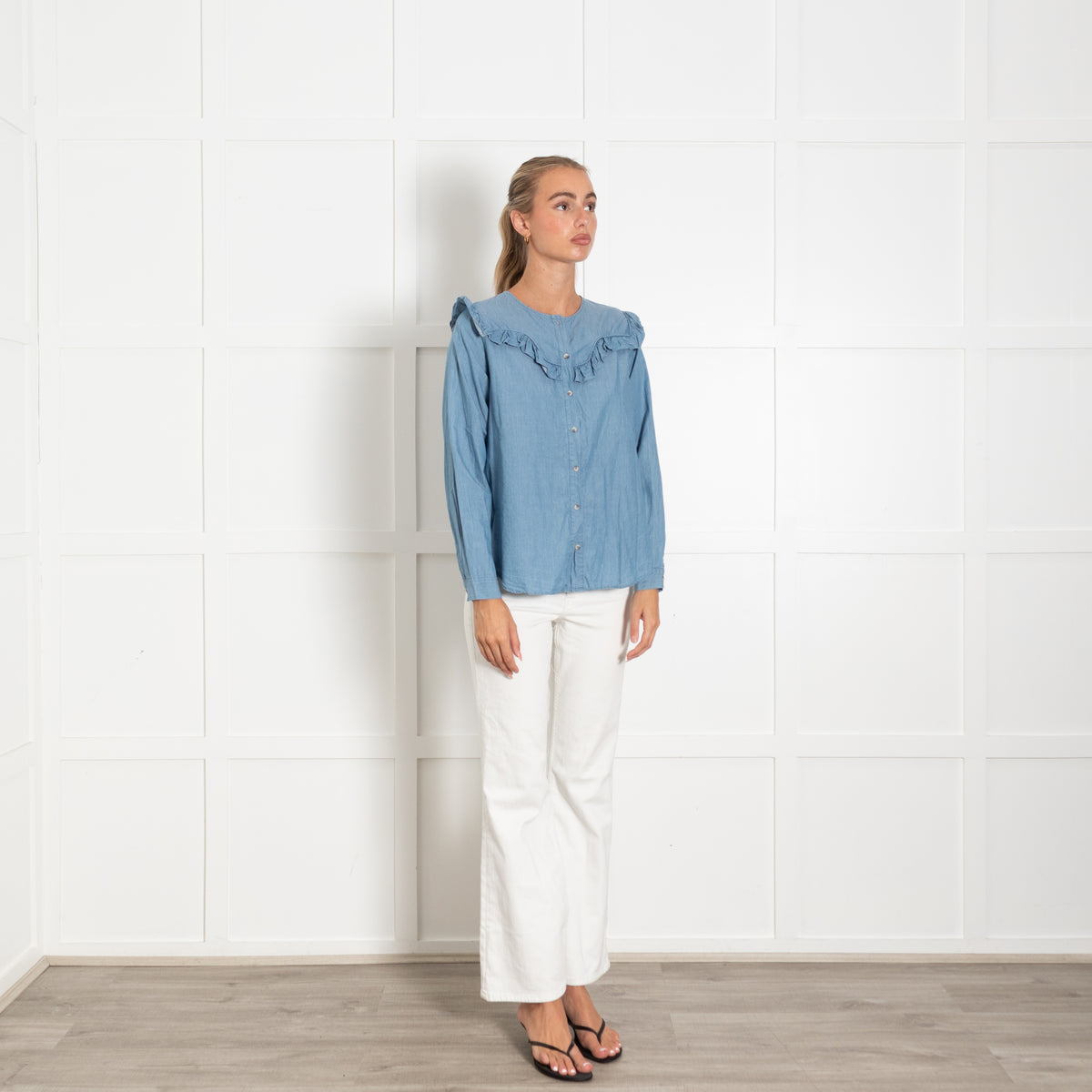 MiH Jeans Blue Chambray Frill Front Shirt