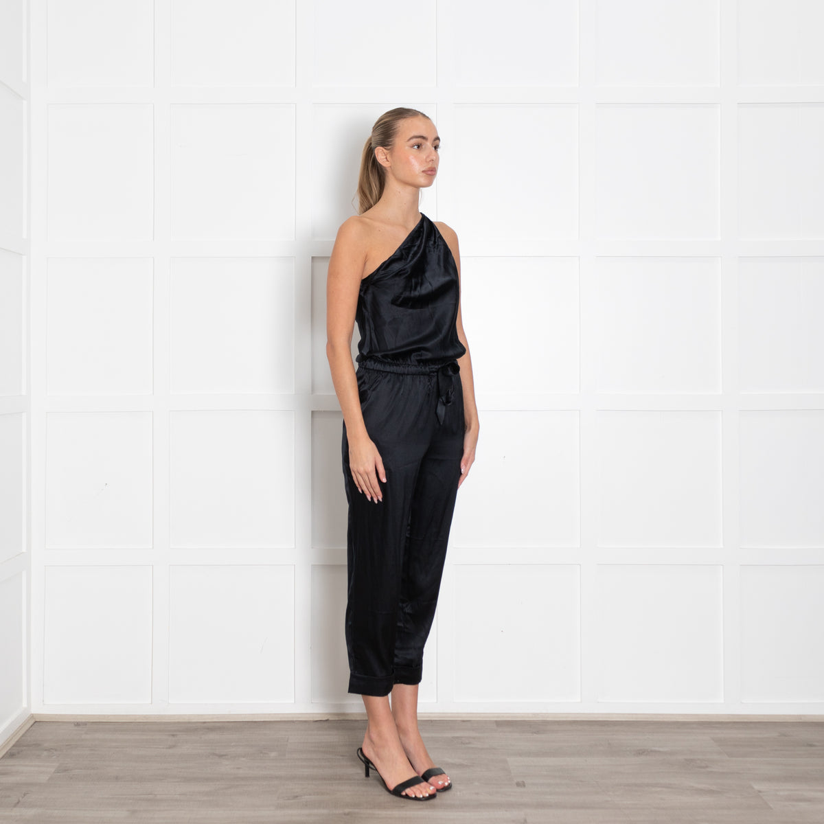 Cami NYC Black Satin One Shoulder Jumpsuit