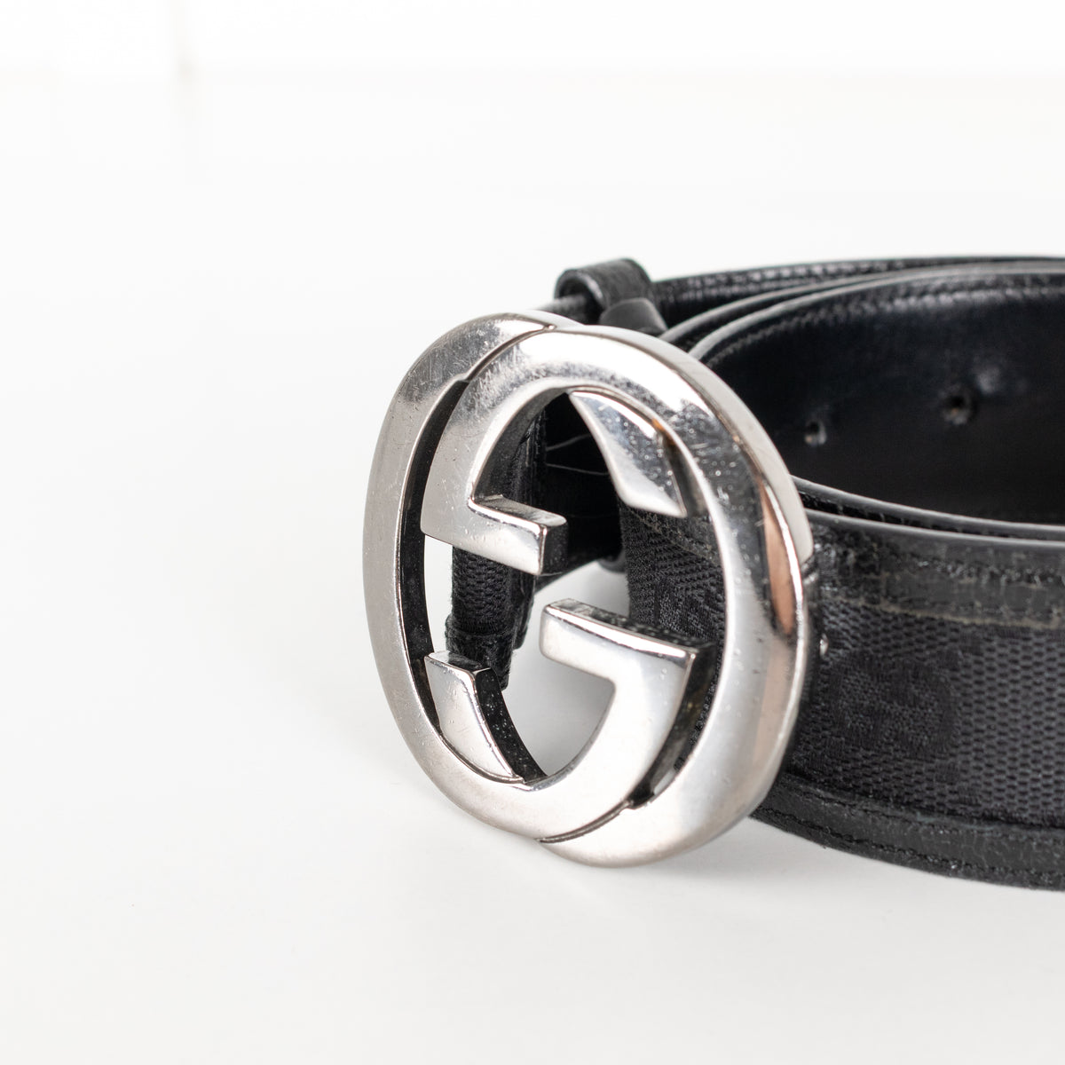 Gucci Black Silver GG Logo Leather Trim Fabric Belt