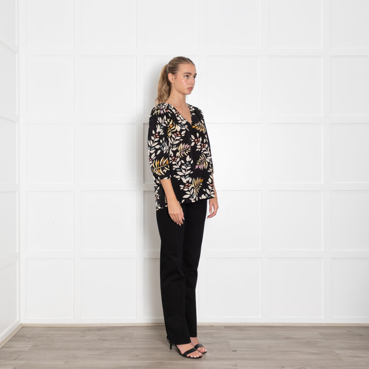 Ba&sh Black Floral Blouse with Gathered Cuffs