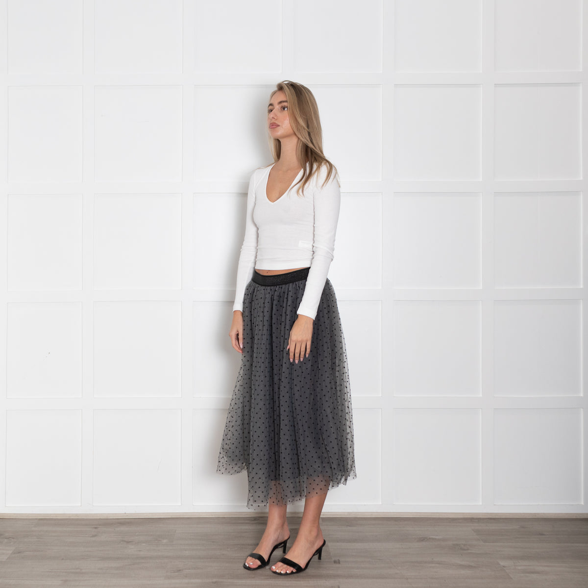 Wyse Lou Lou  Tulle Grey Skirt With Black Polka Dots