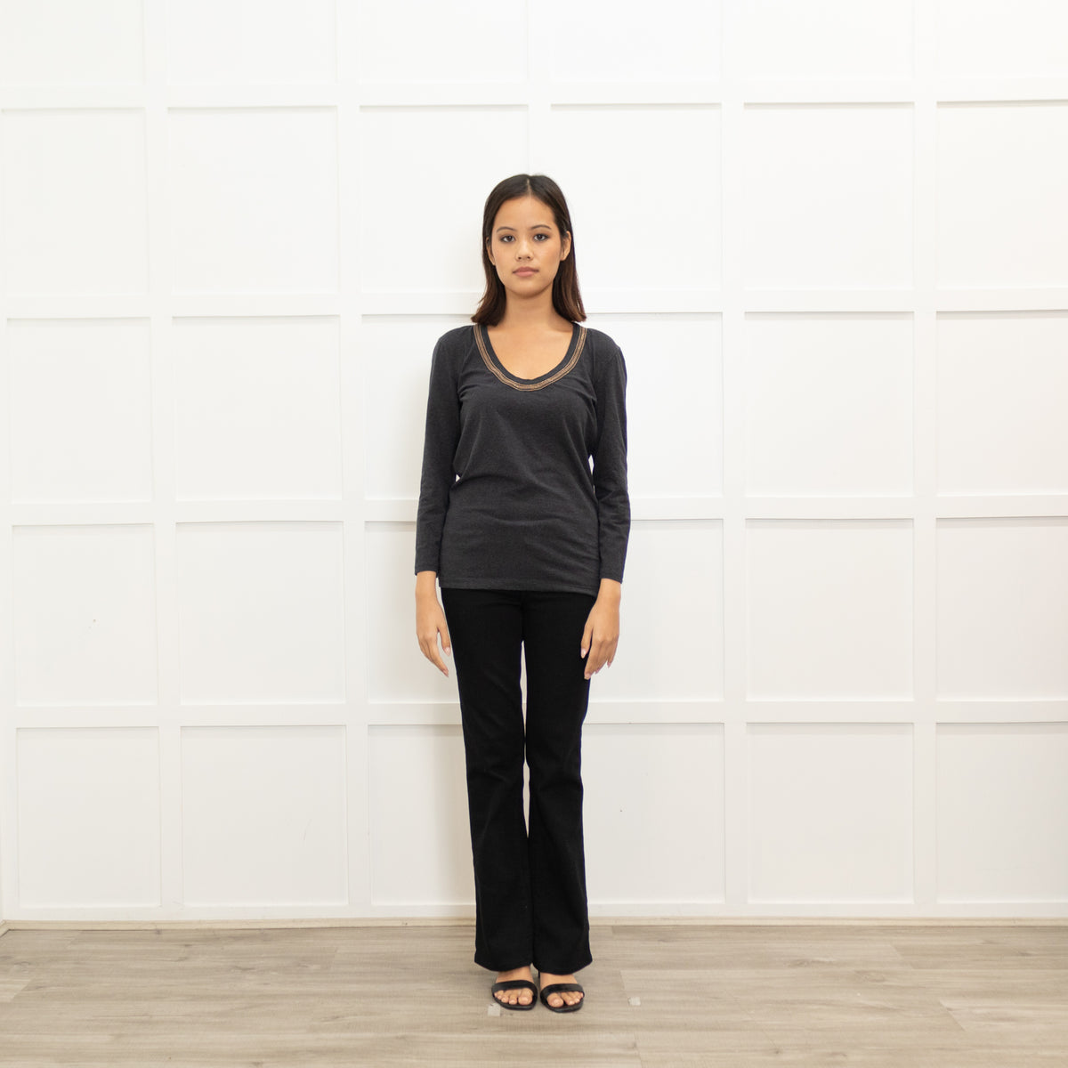 Brunello Cucinelli Grey Long Sleeve Cotton Top With Rose Gold  Neckline Detail