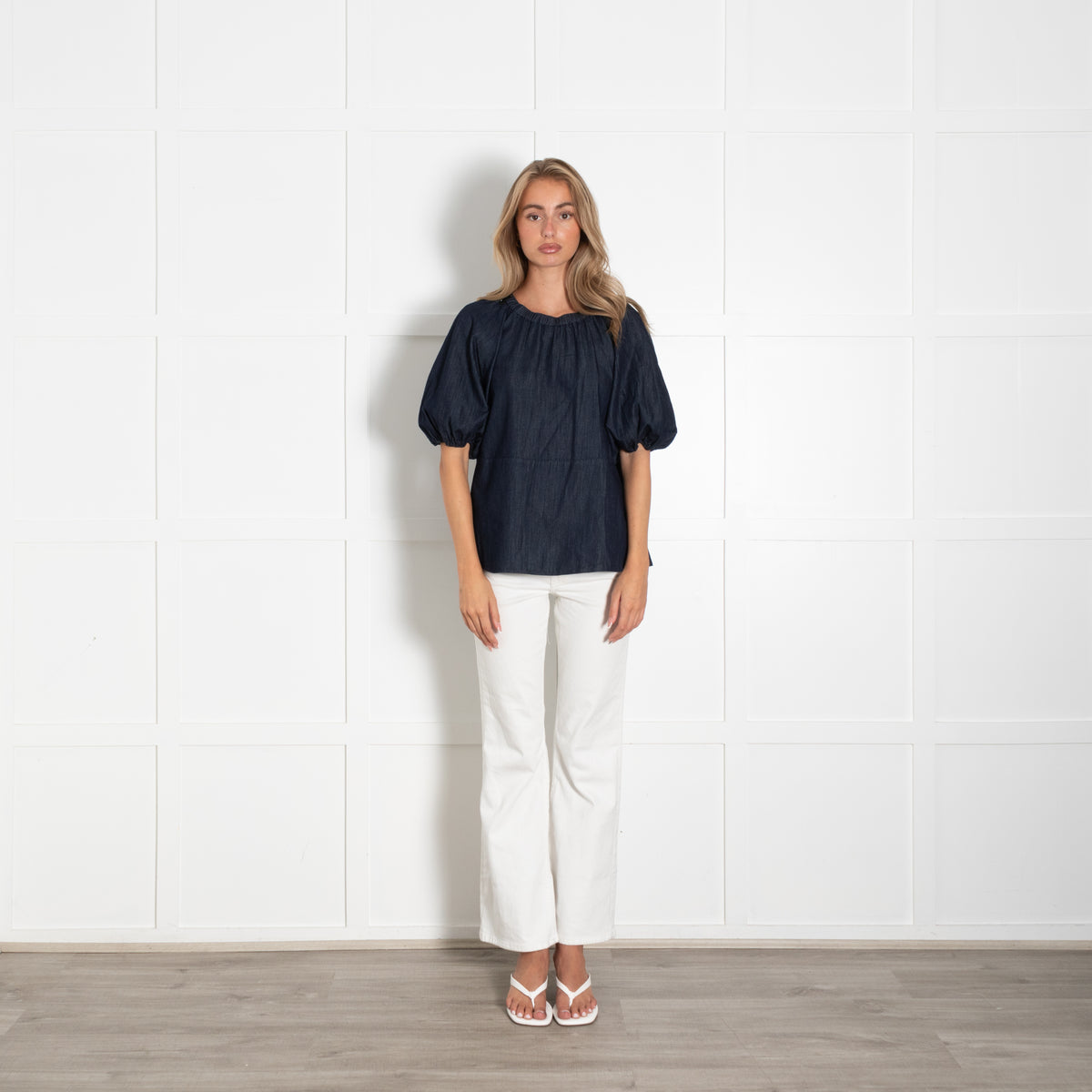 S MaxMara Denim Top With Elasticated Neck And Sleeve And Black Bead Neck Detail