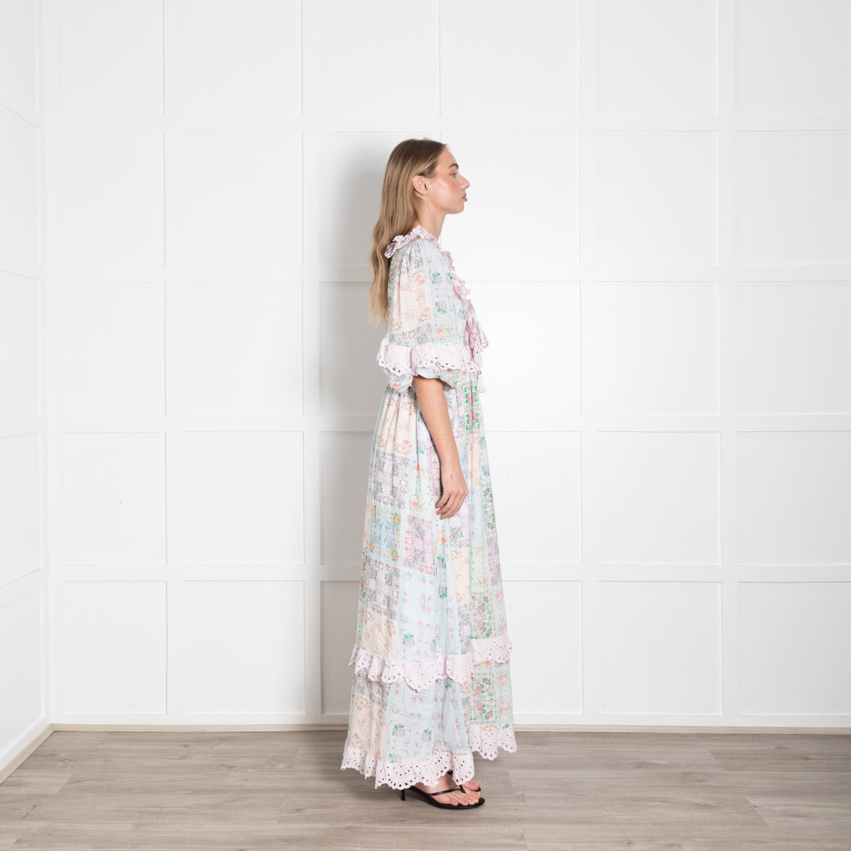 Fillyboo Pastel Pink Lilac Aqua Floral Lace Trim Cotton Maxi Dress