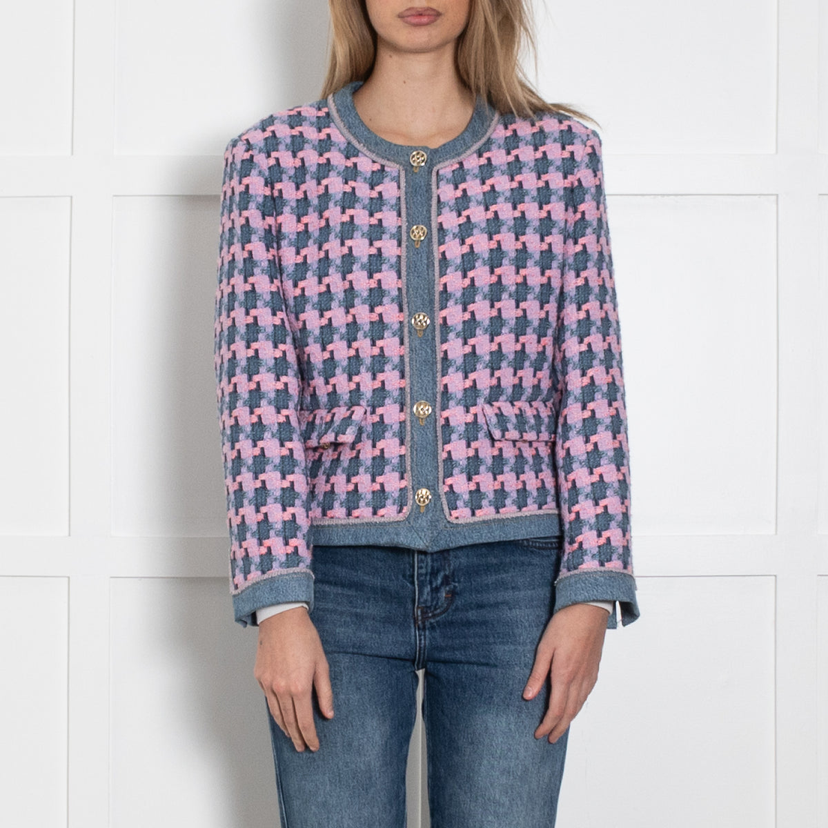 Sandro Pink And Blue Tweed Jacket With Gold Buttons