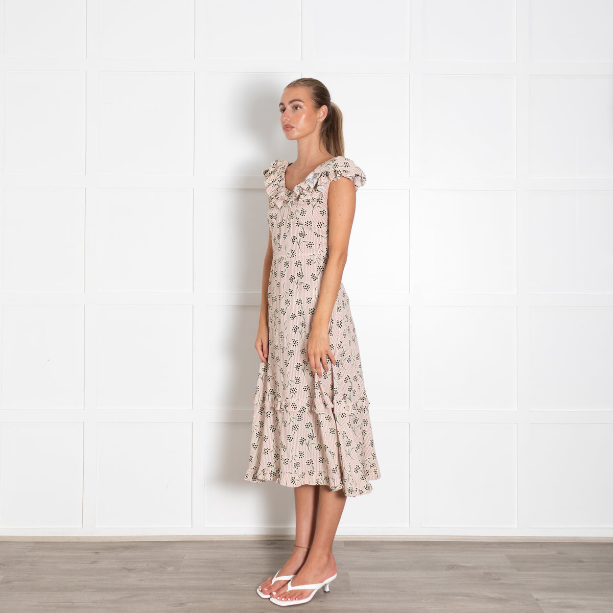 Prada Cream Mauve Stripe Frill Trim Midi Dress