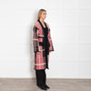 Beatrice B Pink And Grey Plaid Long Belted Cardigan