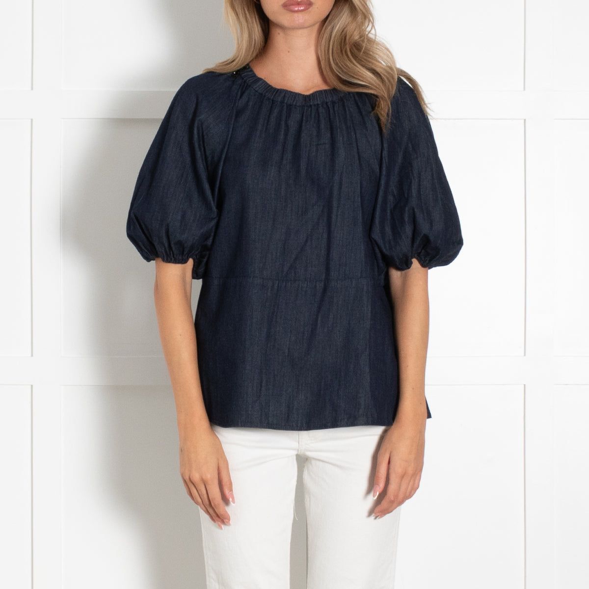 S MaxMara Denim Top With Elasticated Neck And Sleeve And Black Bead Neck Detail