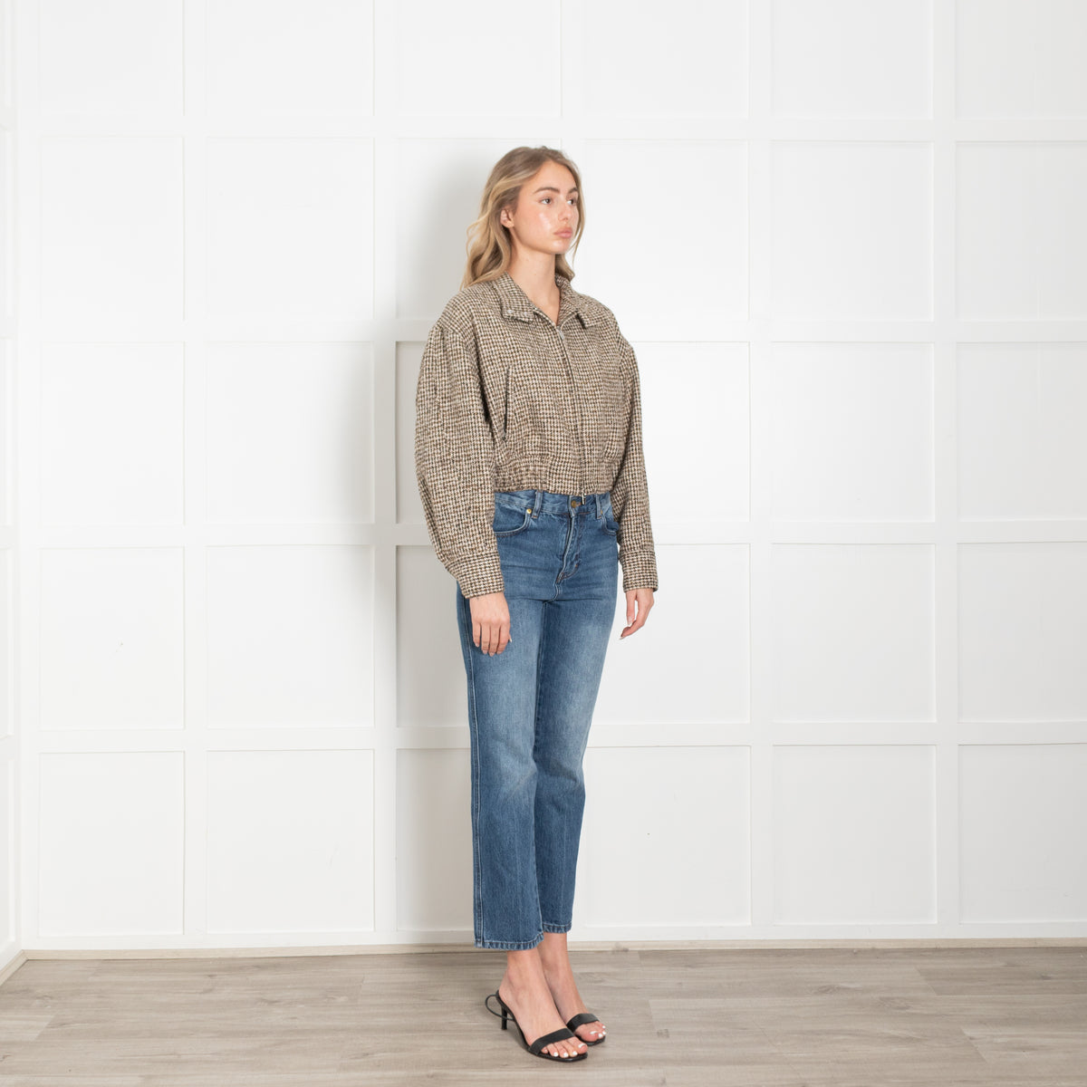 A.L.C Brown Houndstooth Wool Blend Cropped  Bomber Jacket