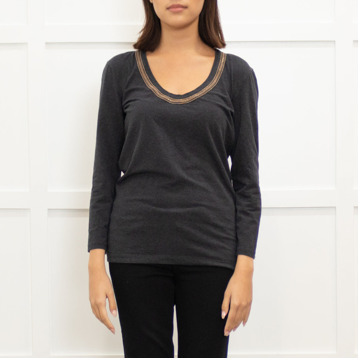 Brunello Cucinelli Grey Long Sleeve Cotton Top With Rose Gold  Neckline Detail