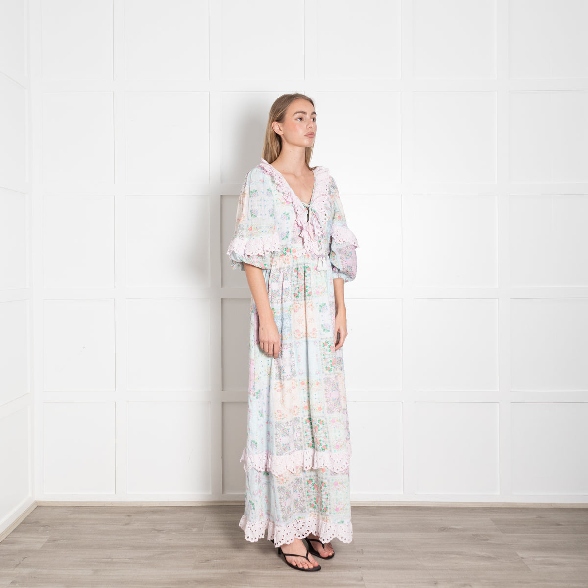 Fillyboo Pastel Pink Lilac Aqua Floral Lace Trim Cotton Maxi Dress