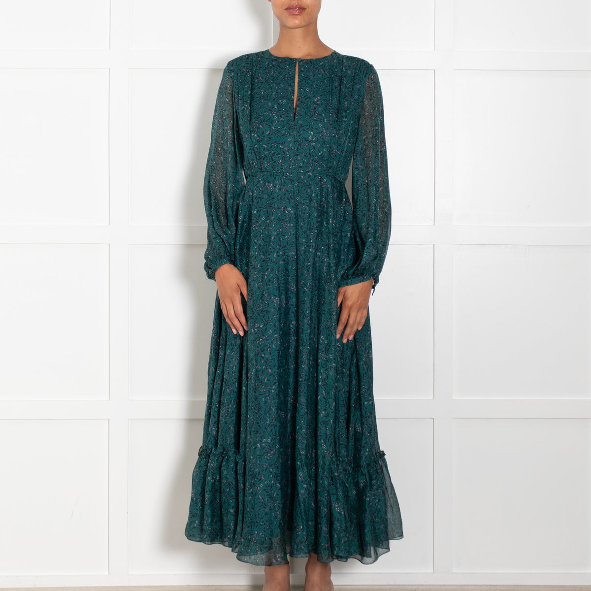 Beulah Green Silk Patterned Maxi Dress
