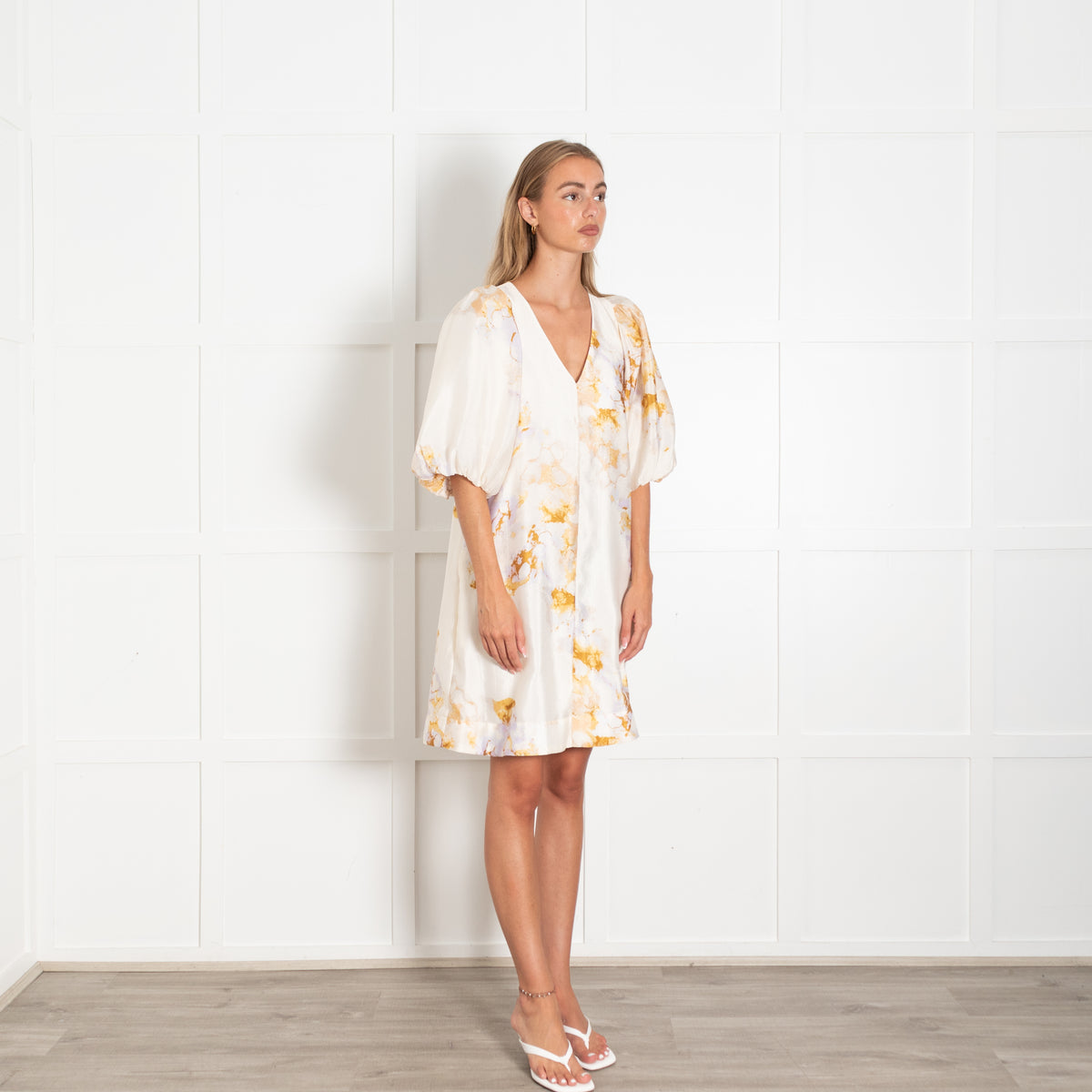 Second Female Cream With Purple Watercolour Print Puff Sleeve Dress
