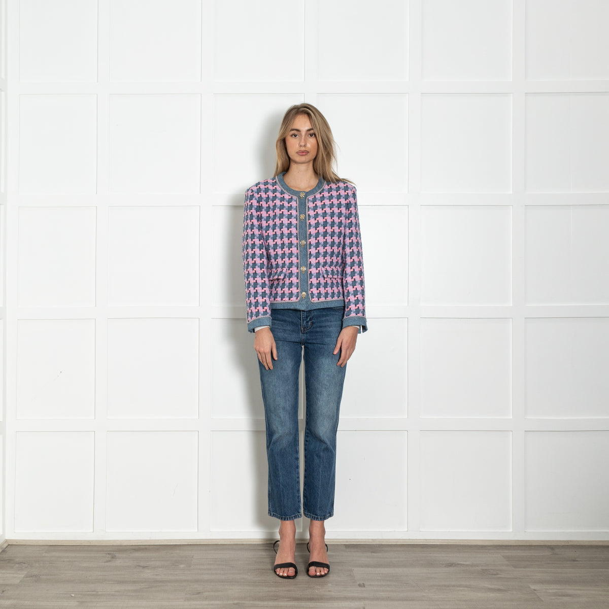 Sandro Pink And Blue Tweed Jacket With Gold Buttons