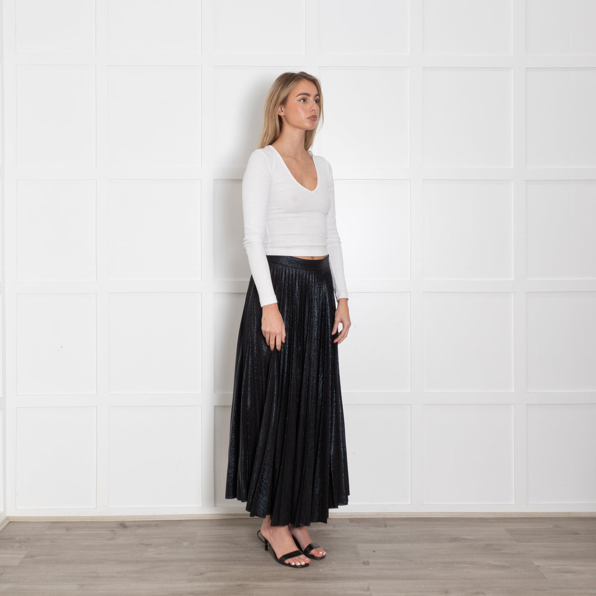 Emilia Wickstead Black Shimmer Pleated Long Skirt