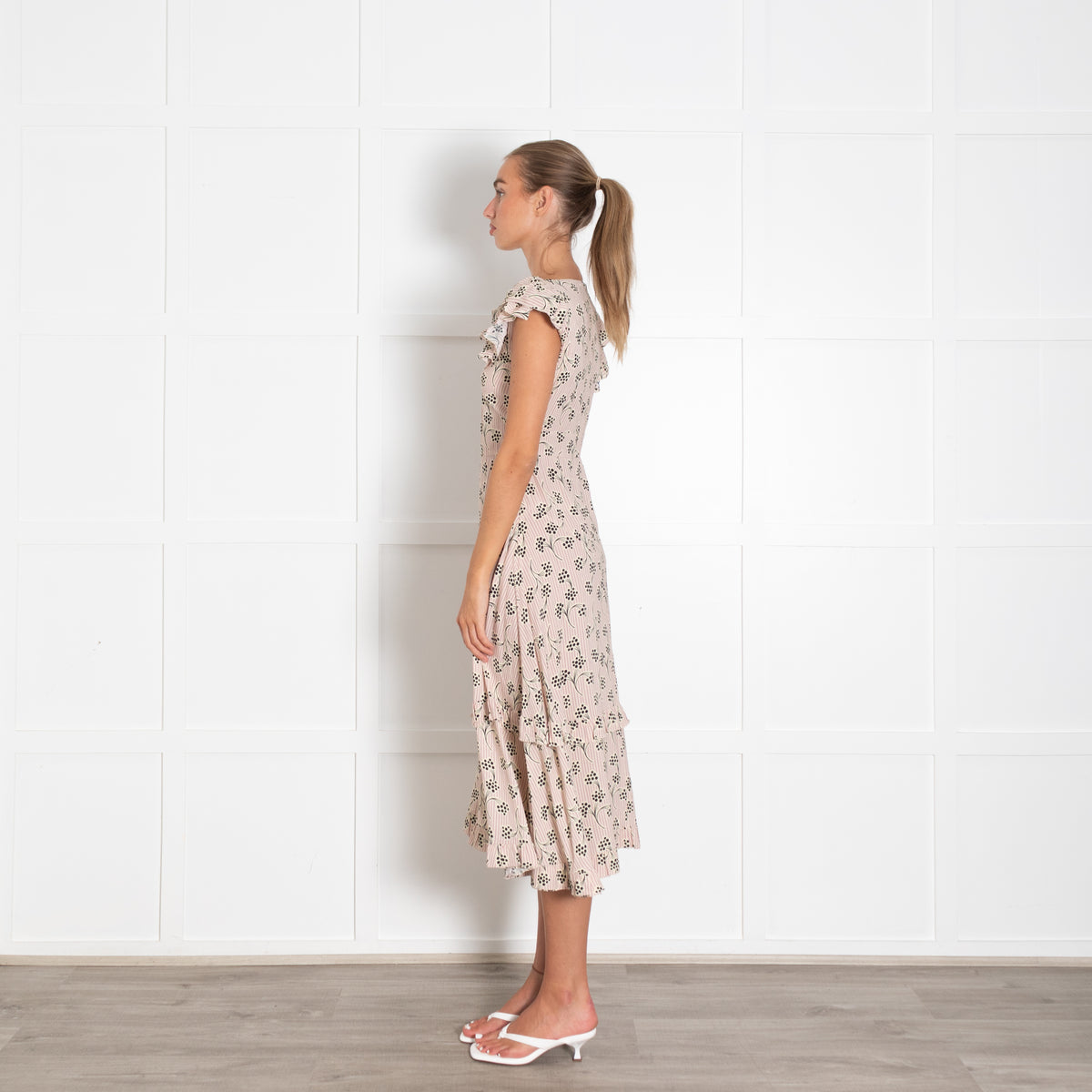 Prada Cream Mauve Stripe Frill Trim Midi Dress