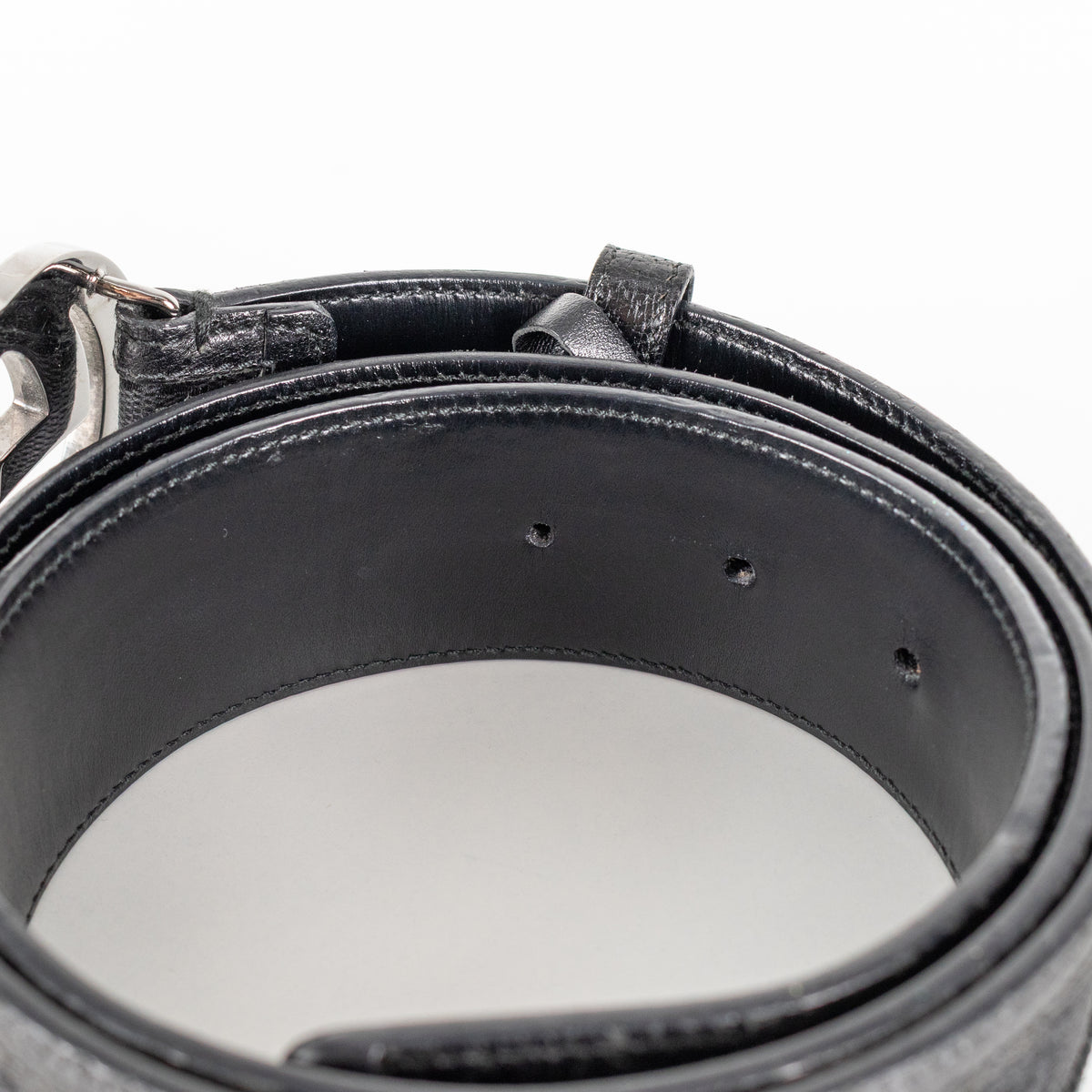 Gucci Black Silver GG Logo Leather Trim Fabric Belt