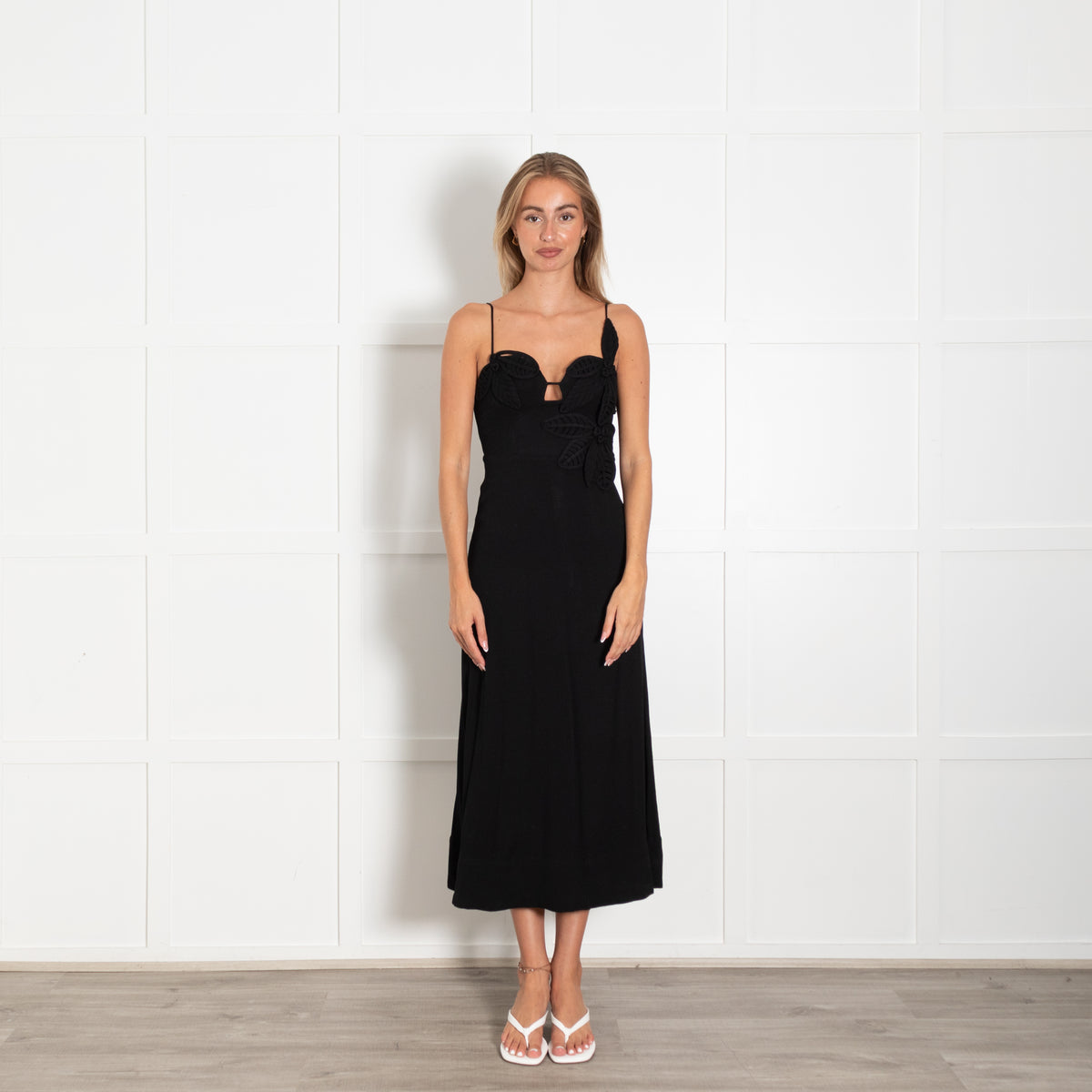 Farm Rio Black Floral Applique Midi Dress