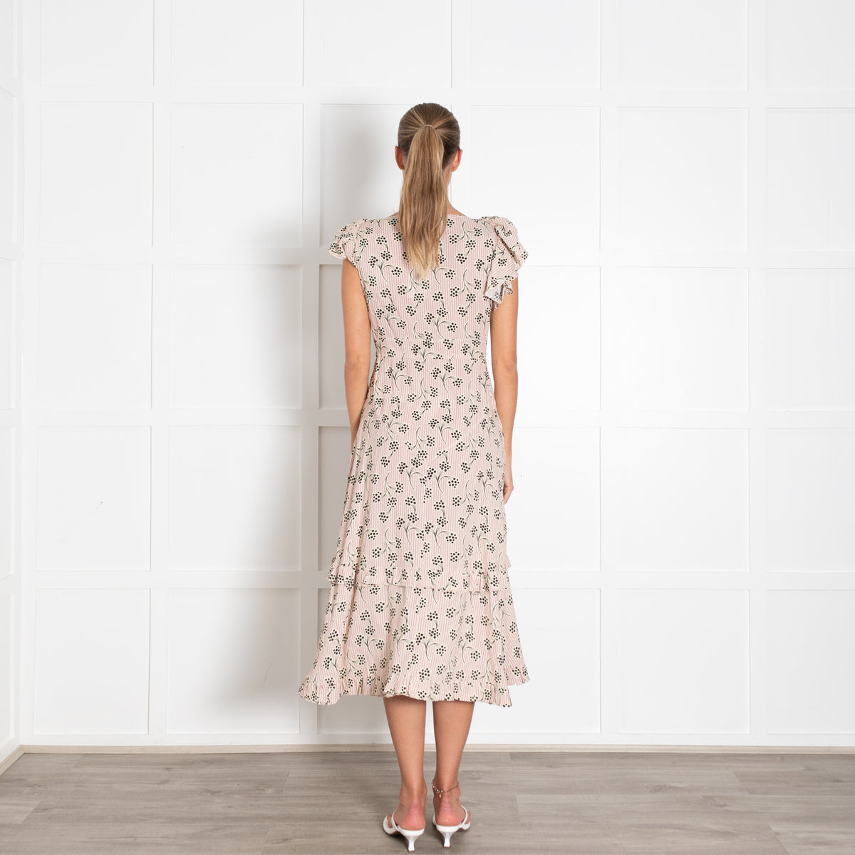 Prada Cream Mauve Stripe Frill Trim Midi Dress
