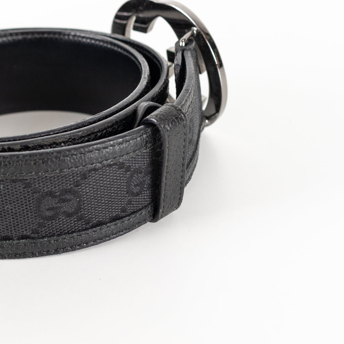 Gucci Black Silver GG Logo Leather Trim Fabric Belt