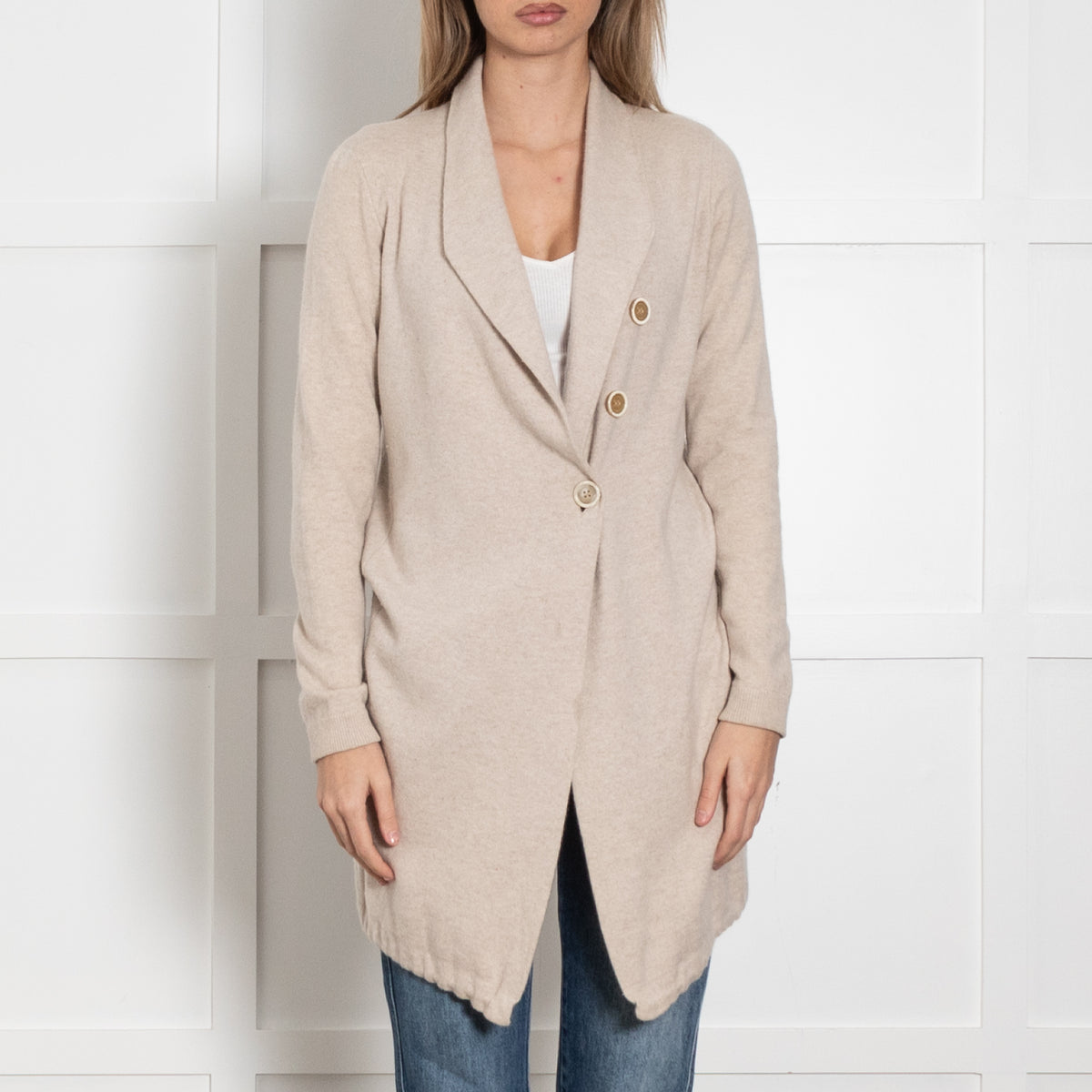 Brunello Cucinelli Beige Cashmere Long Cardigan With Drawstring Hem