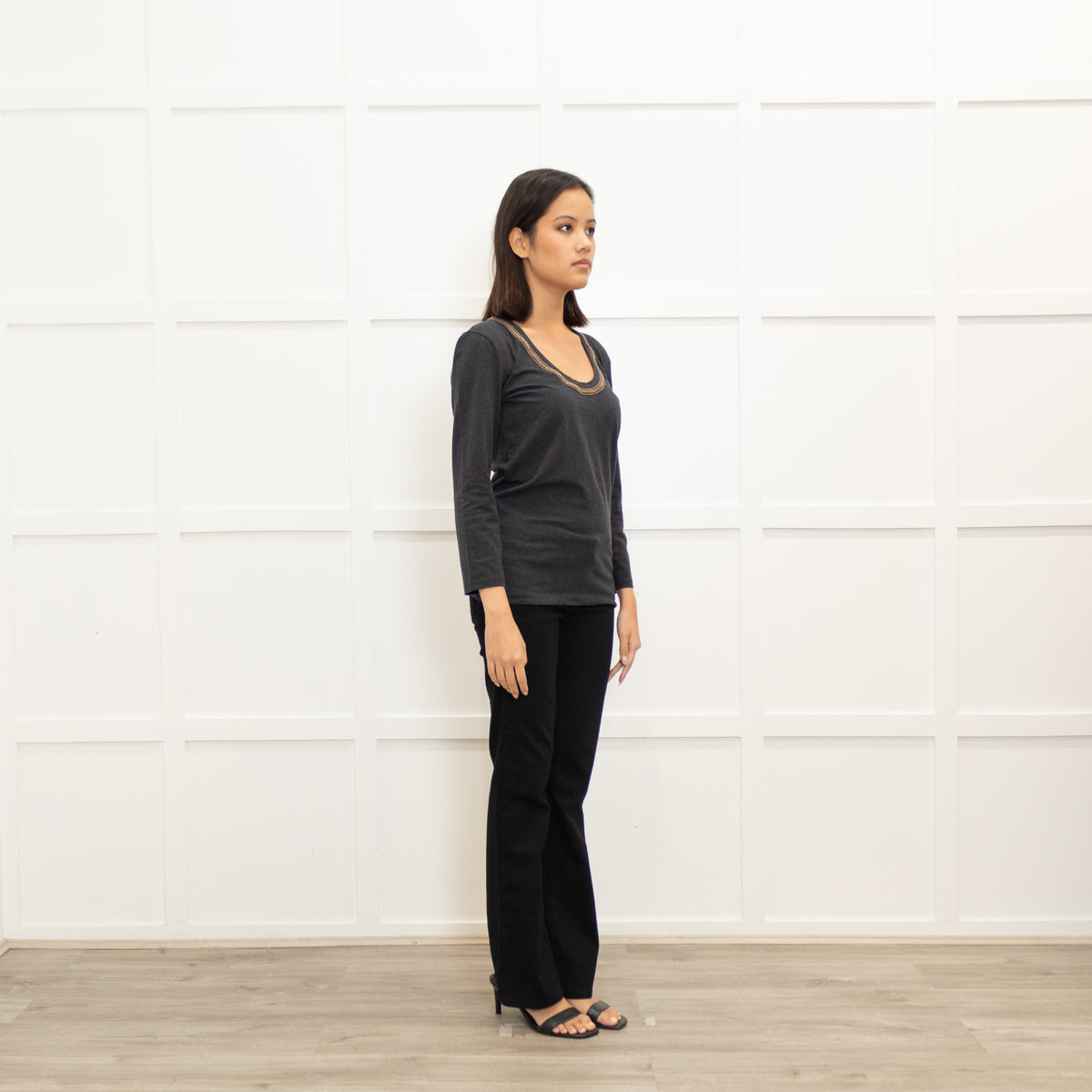 Brunello Cucinelli Grey Long Sleeve Cotton Top With Rose Gold  Neckline Detail