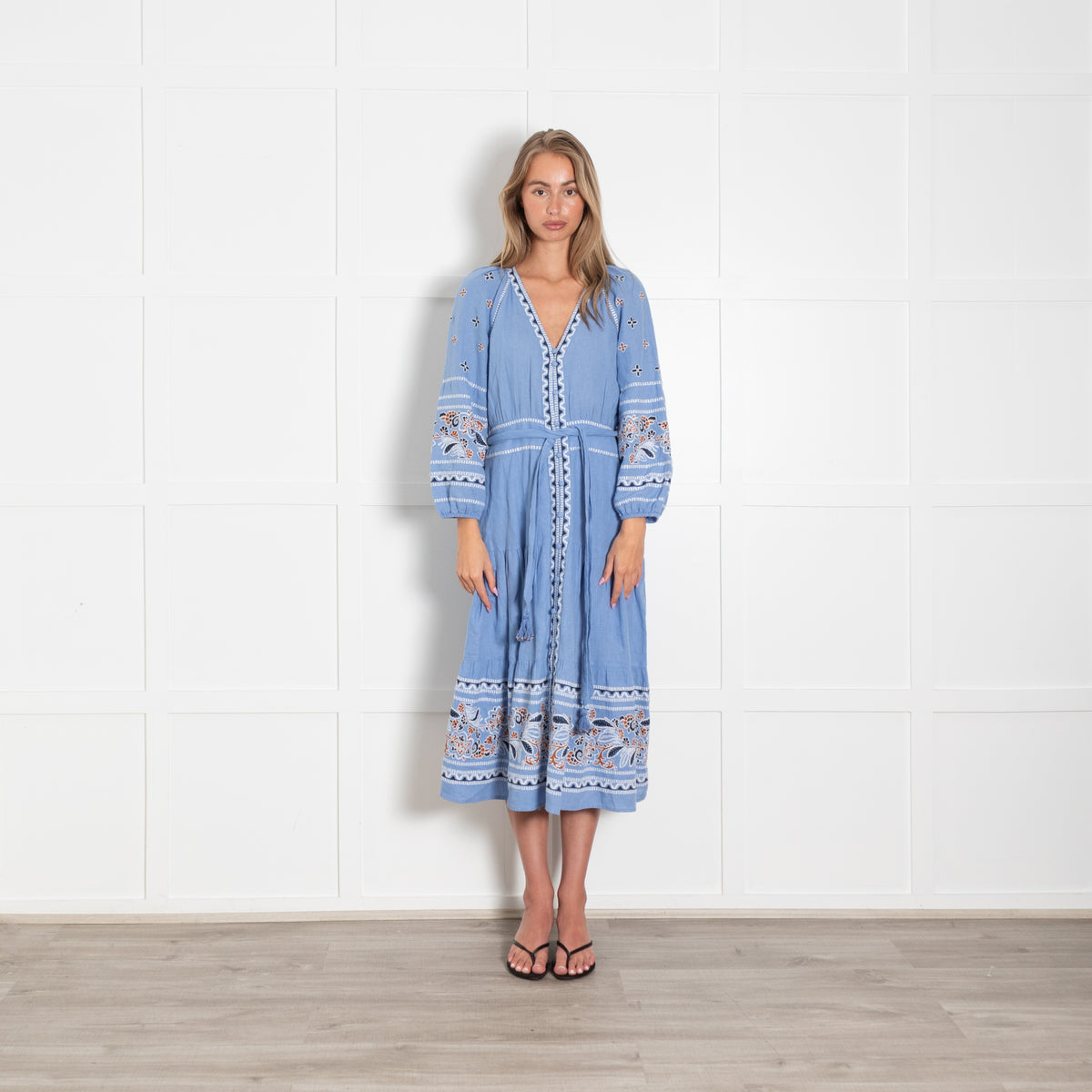 Veronica Beard Sky Blue White Navy Brown Embroidery Maxi Dress