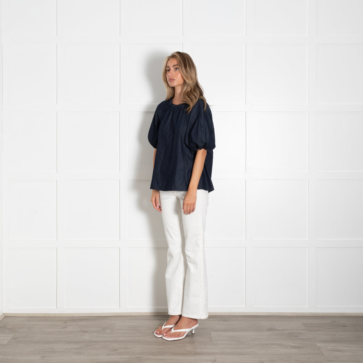 S MaxMara Denim Top With Elasticated Neck And Sleeve And Black Bead Neck Detail