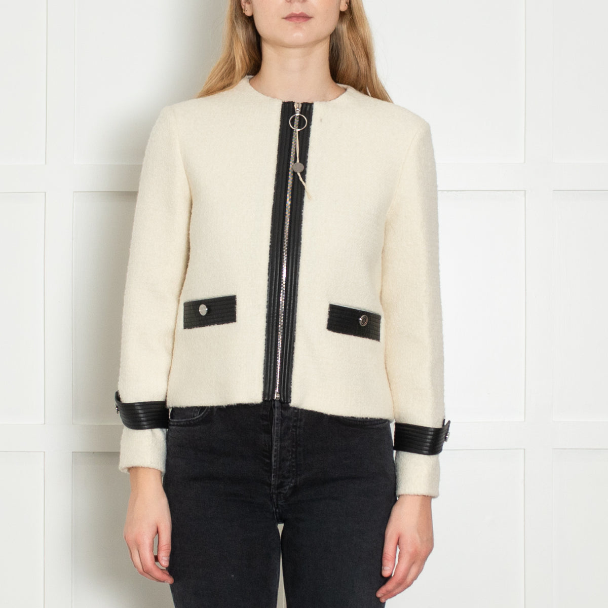 Maje Cream Black Leather Trim Zip-Up Jacket