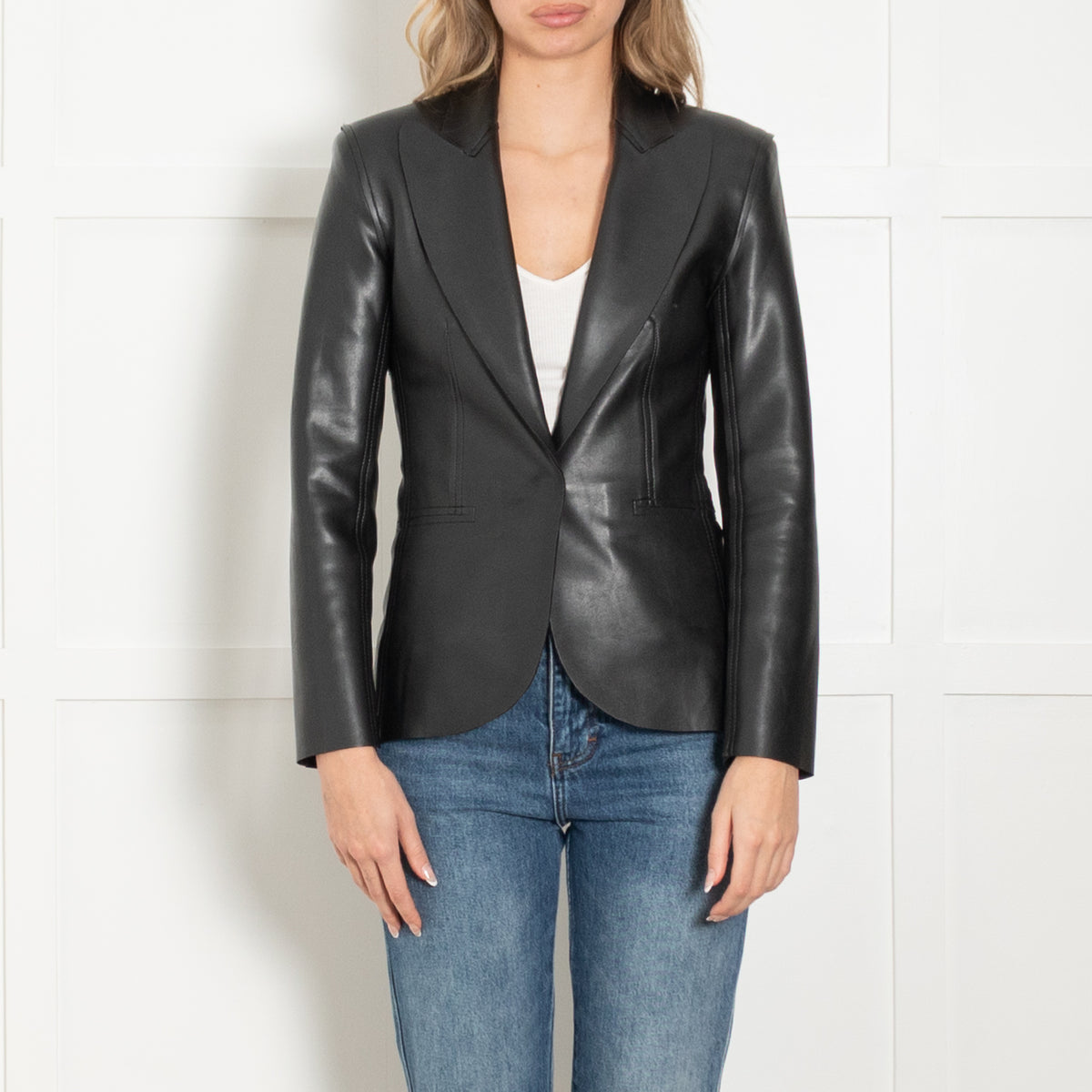 Norma Kamali Black Single Breasted Faux Leather Blazer Jacket