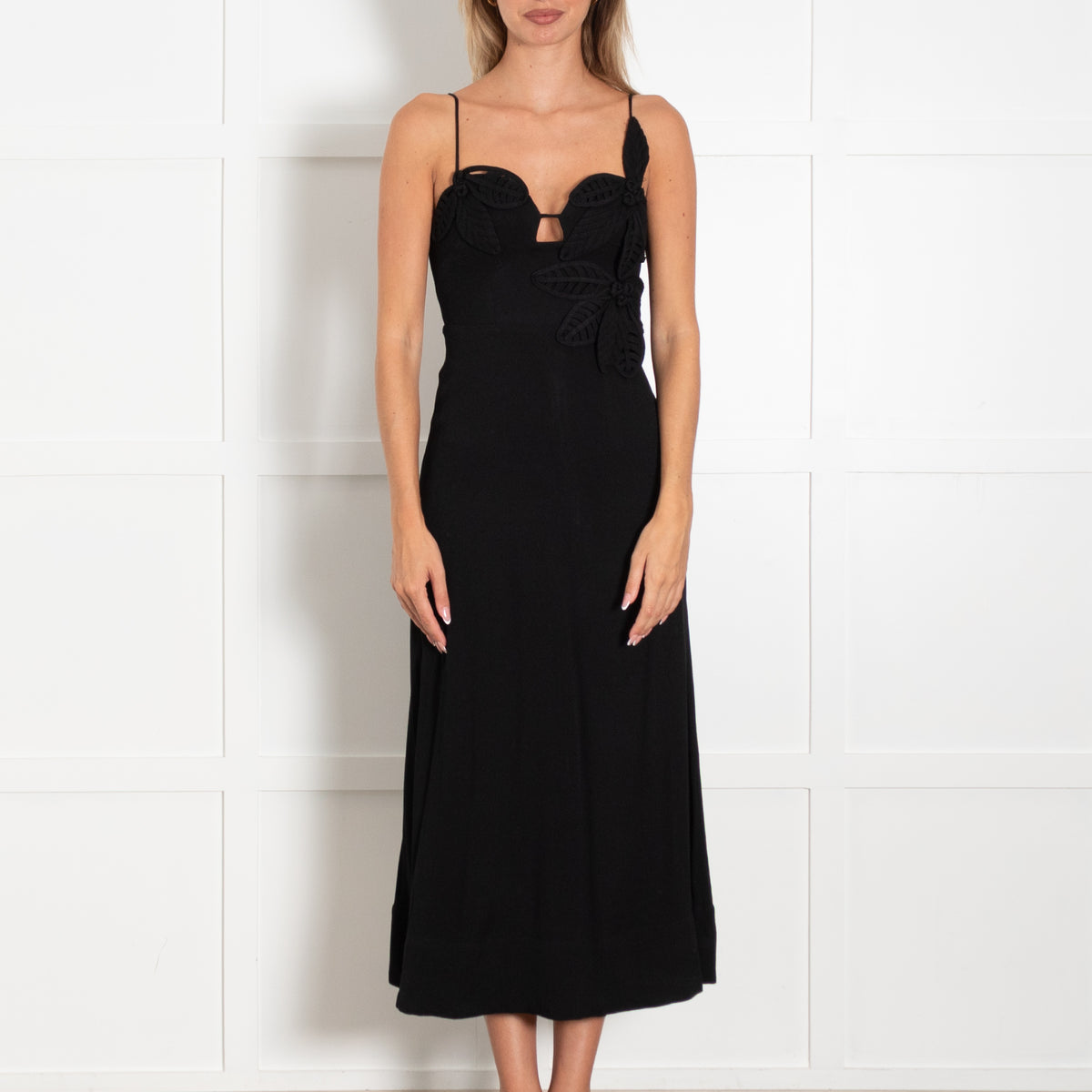 Farm Rio Black Floral Applique Midi Dress