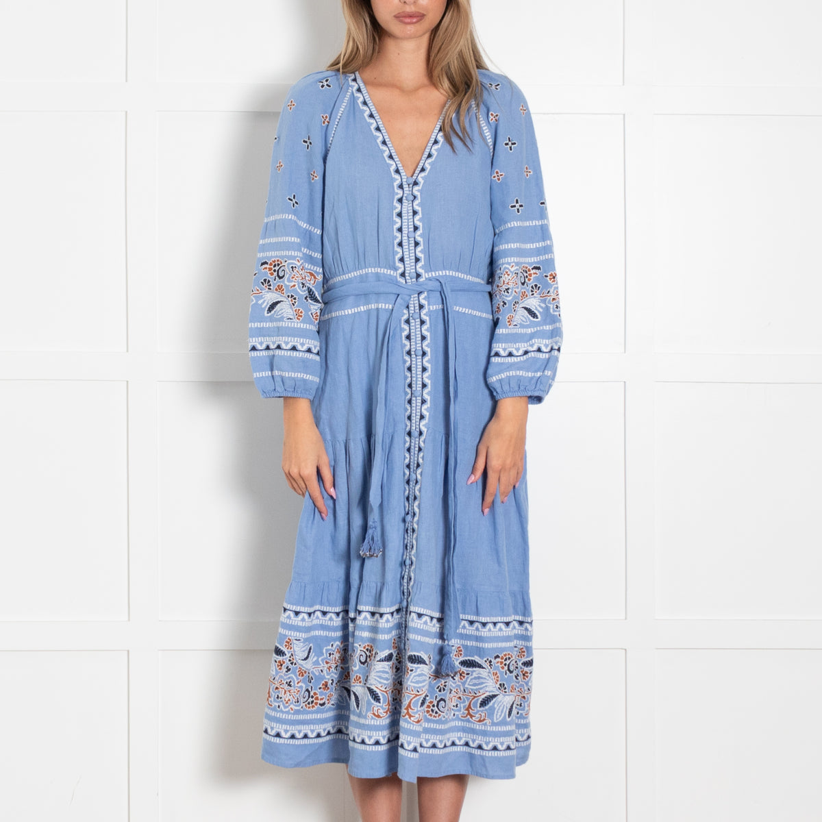 Veronica Beard Sky Blue White Navy Brown Embroidery Maxi Dress