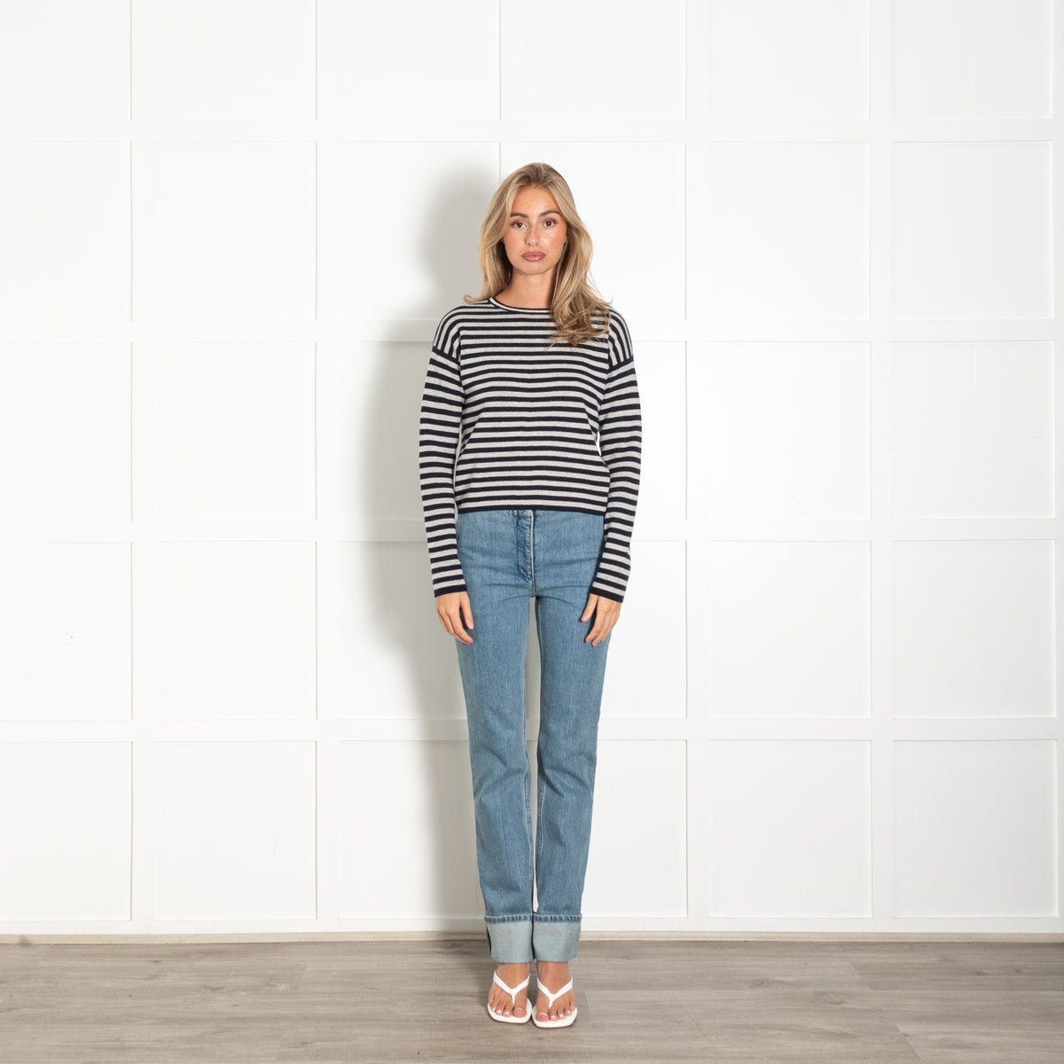 S Max Mara Navy Light Grey Stripes Knitted Top
