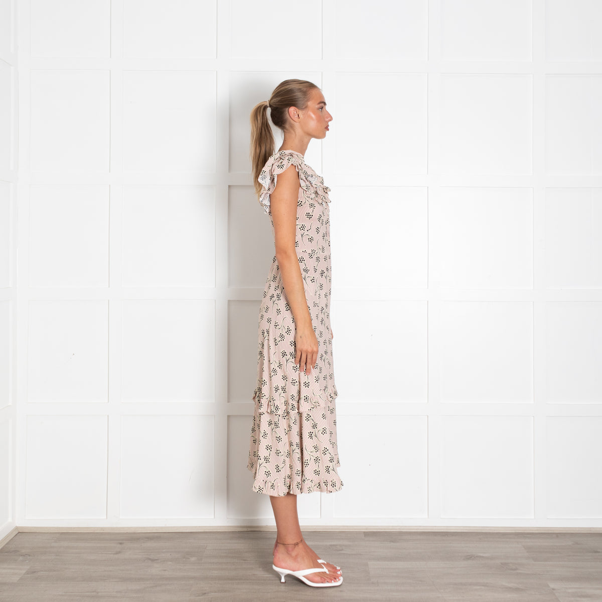 Prada Cream Mauve Stripe Frill Trim Midi Dress
