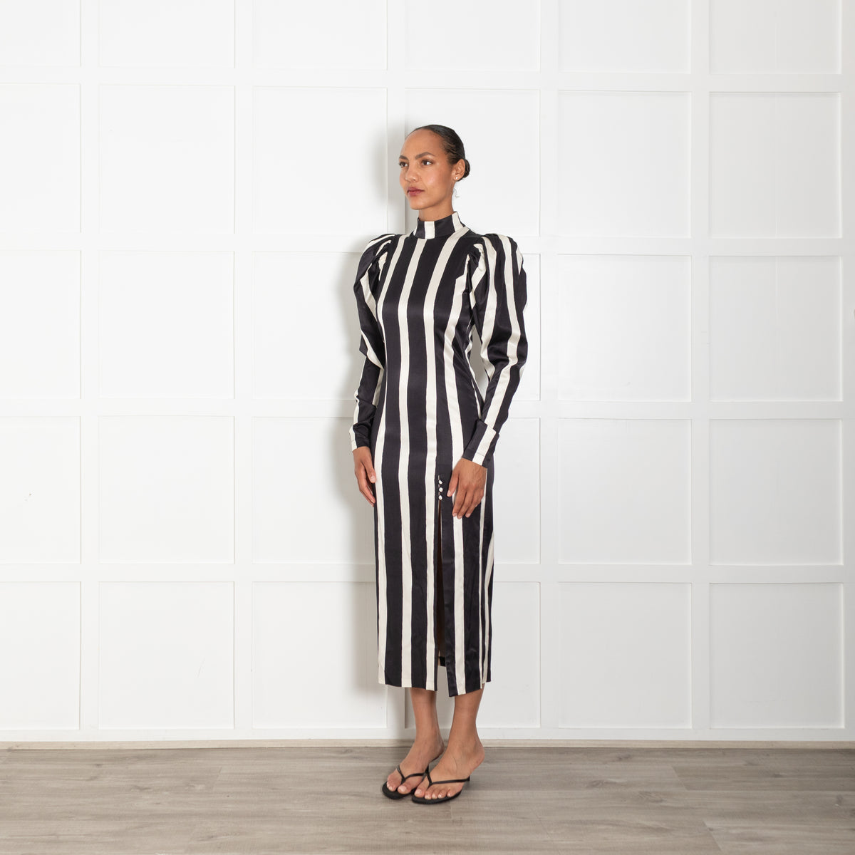 Rotate Birger Christensen Theresa Black & White Striped Dress With Puffed Sleeves