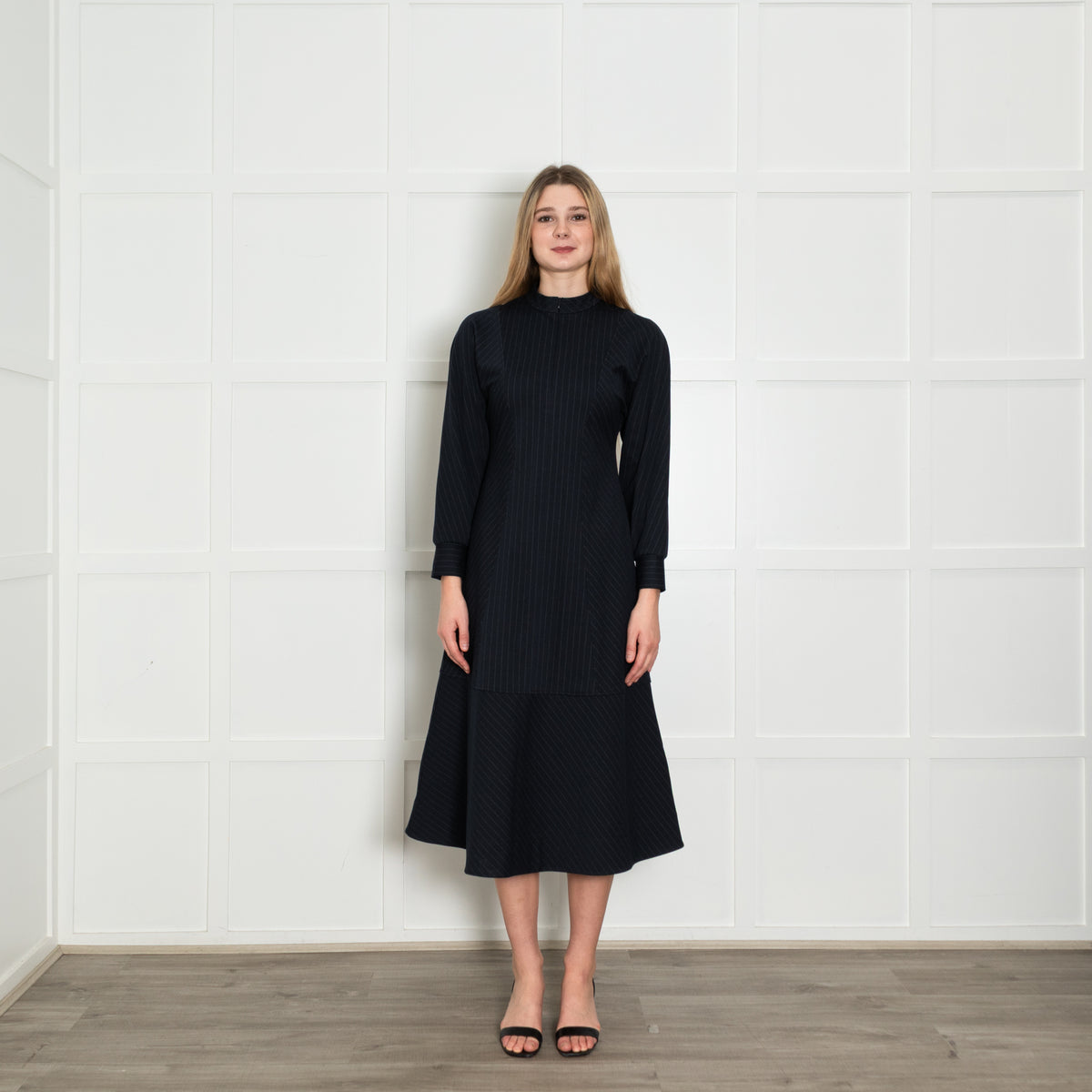 Me + Em Navy White Pin Stripes Maxi Dress