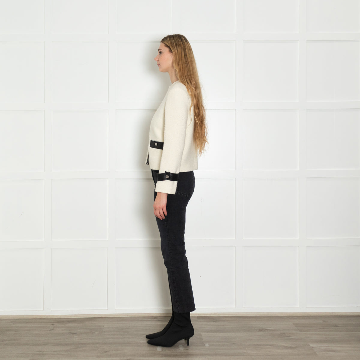 Maje Cream Black Leather Trim Zip-Up Jacket