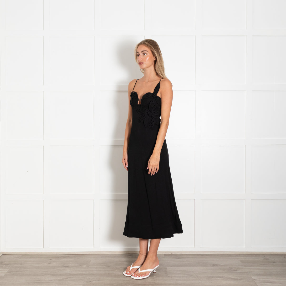 Farm Rio Black Floral Applique Midi Dress