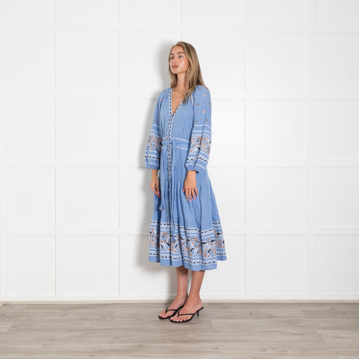 Veronica Beard Sky Blue White Navy Brown Embroidery Maxi Dress