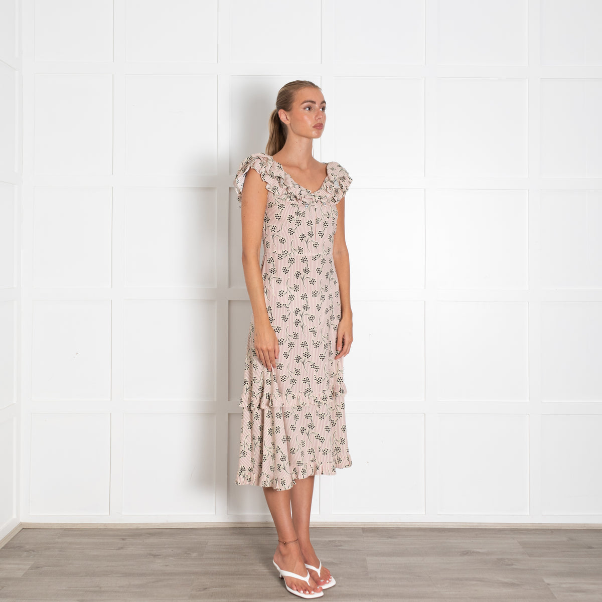 Prada Cream Mauve Stripe Frill Trim Midi Dress