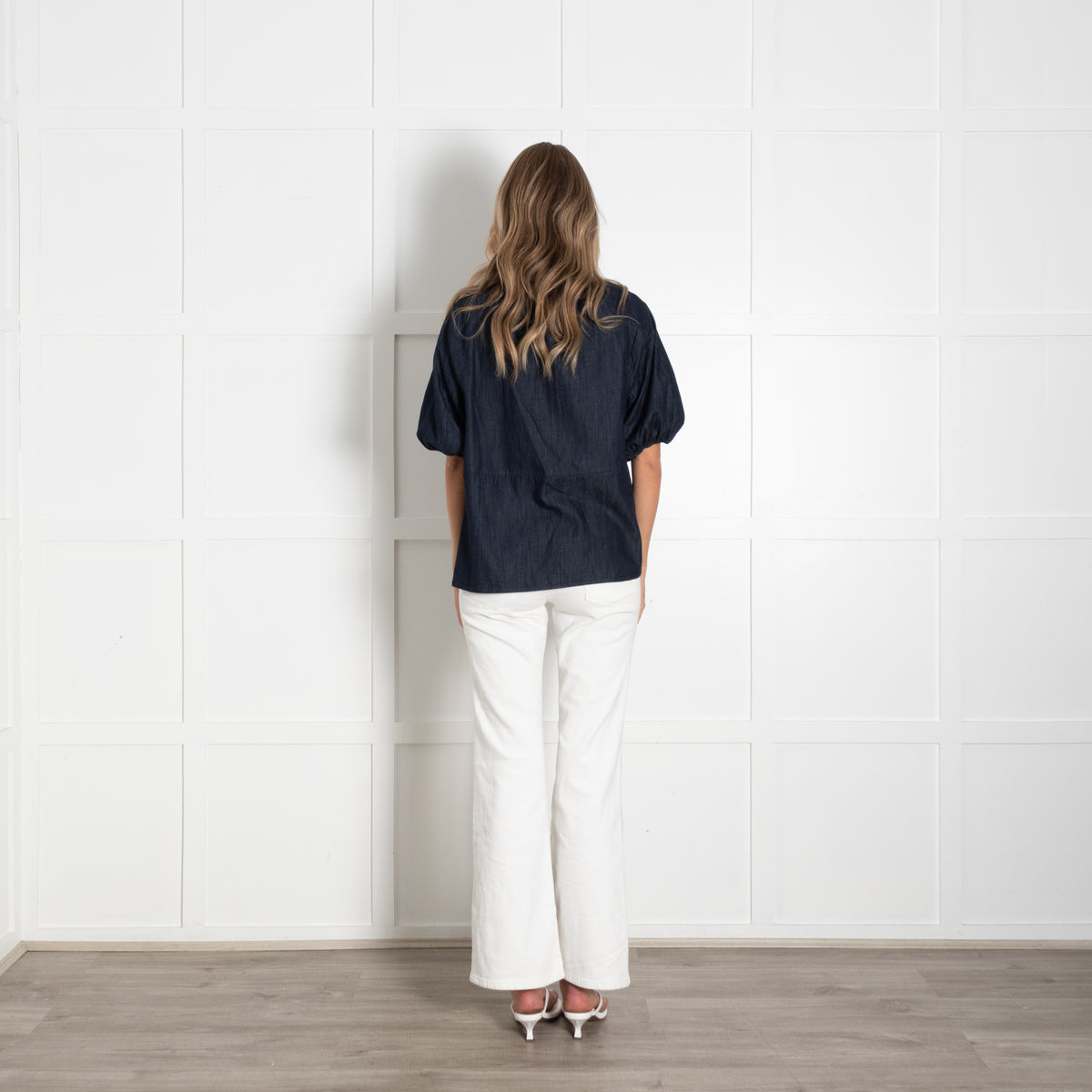 S MaxMara Denim Top With Elasticated Neck And Sleeve And Black Bead Neck Detail