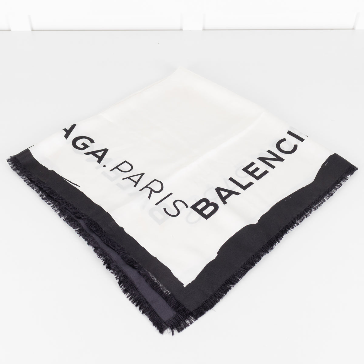 Balenciaga Cream Silk Scarf With Logo And Black Fringe
