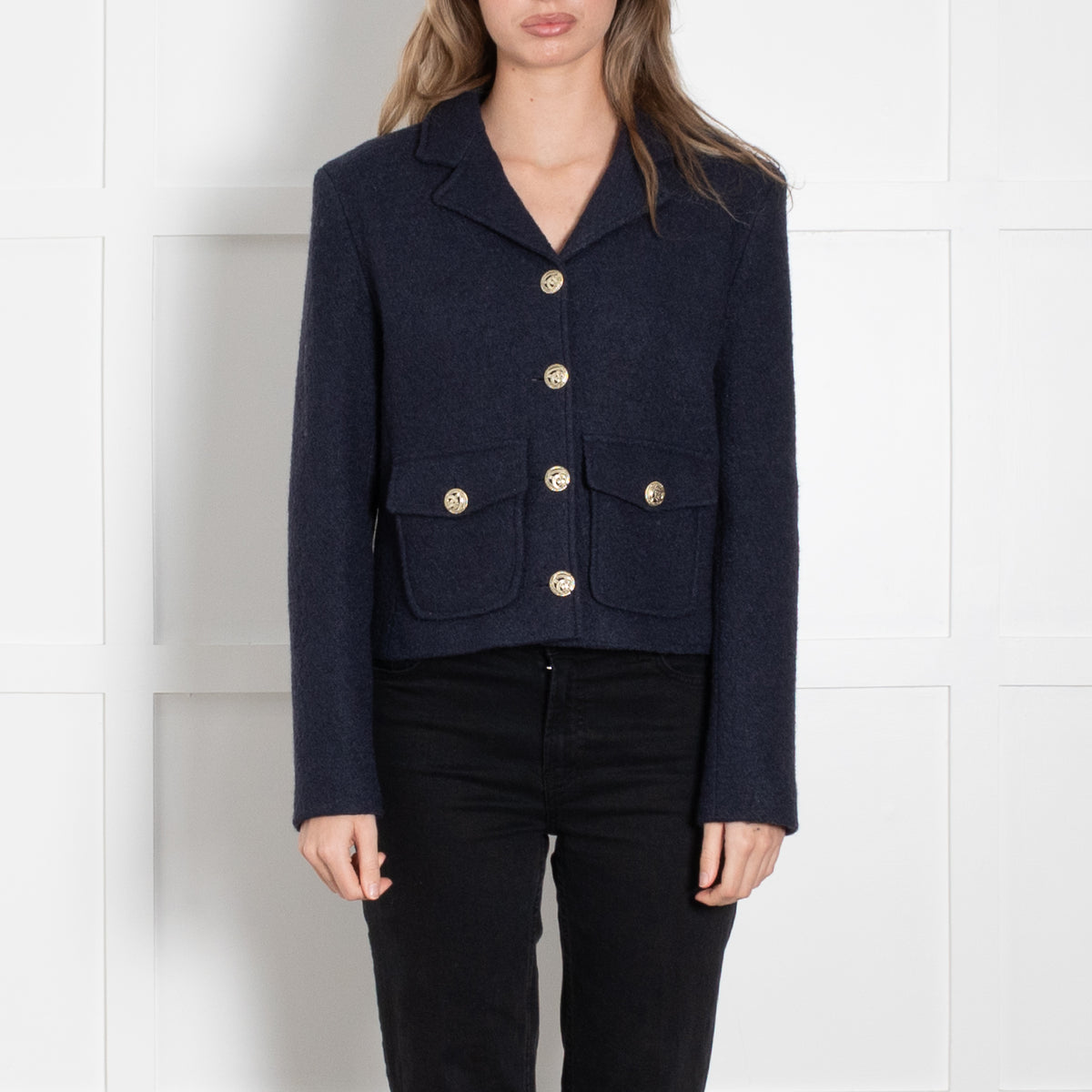 Trilogy Blue Boucle Wool Mix Cropped Jacket