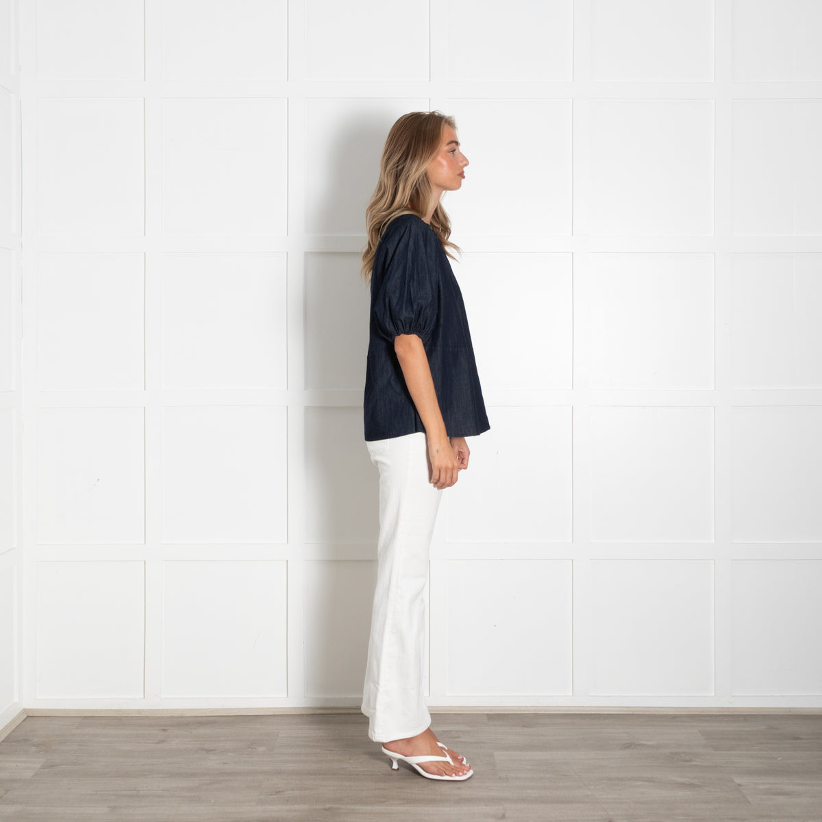 S MaxMara Denim Top With Elasticated Neck And Sleeve And Black Bead Neck Detail