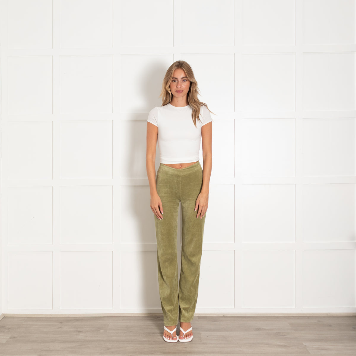 Peachy Den Green Flare Velour Trousers