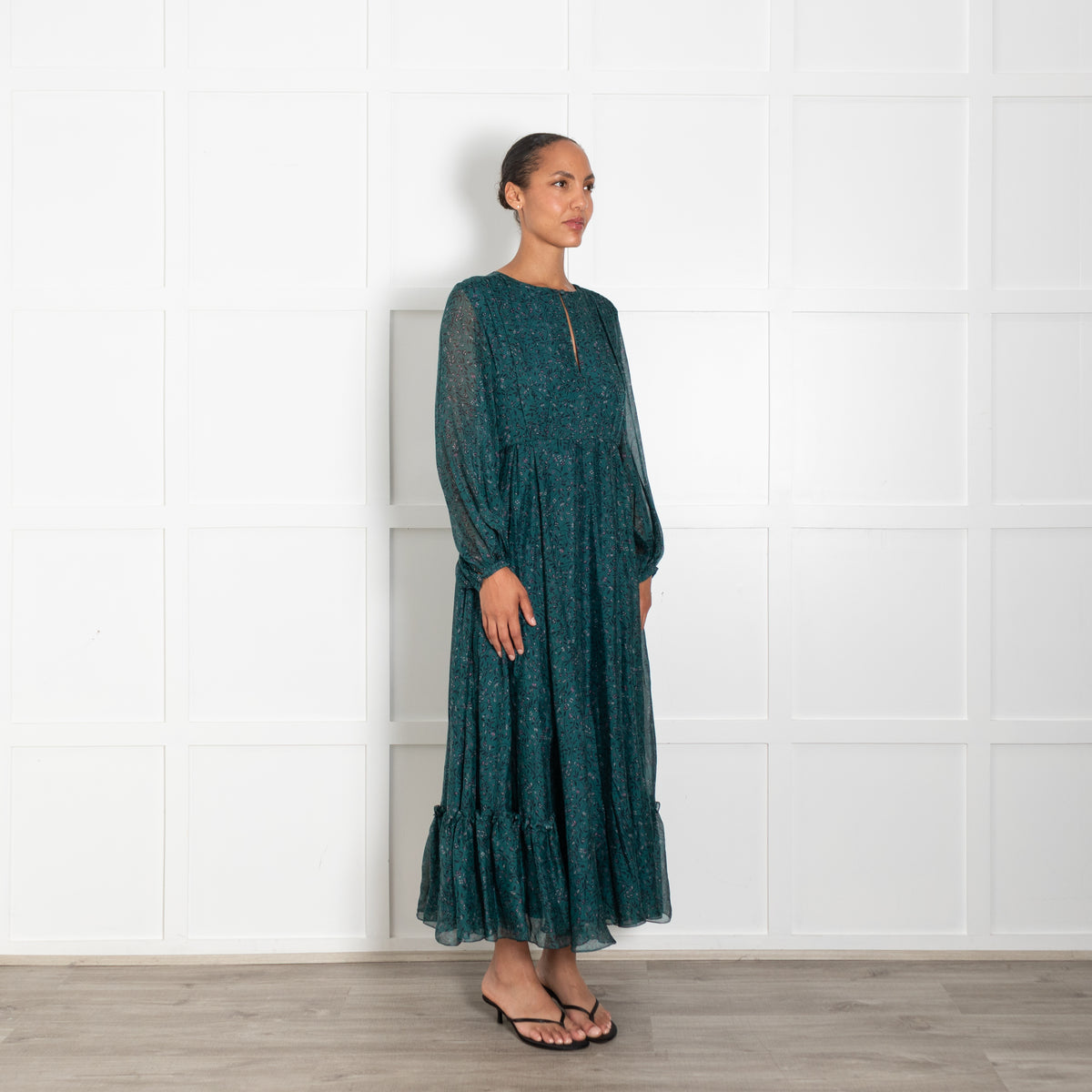 Beulah Green Silk Patterned Maxi Dress