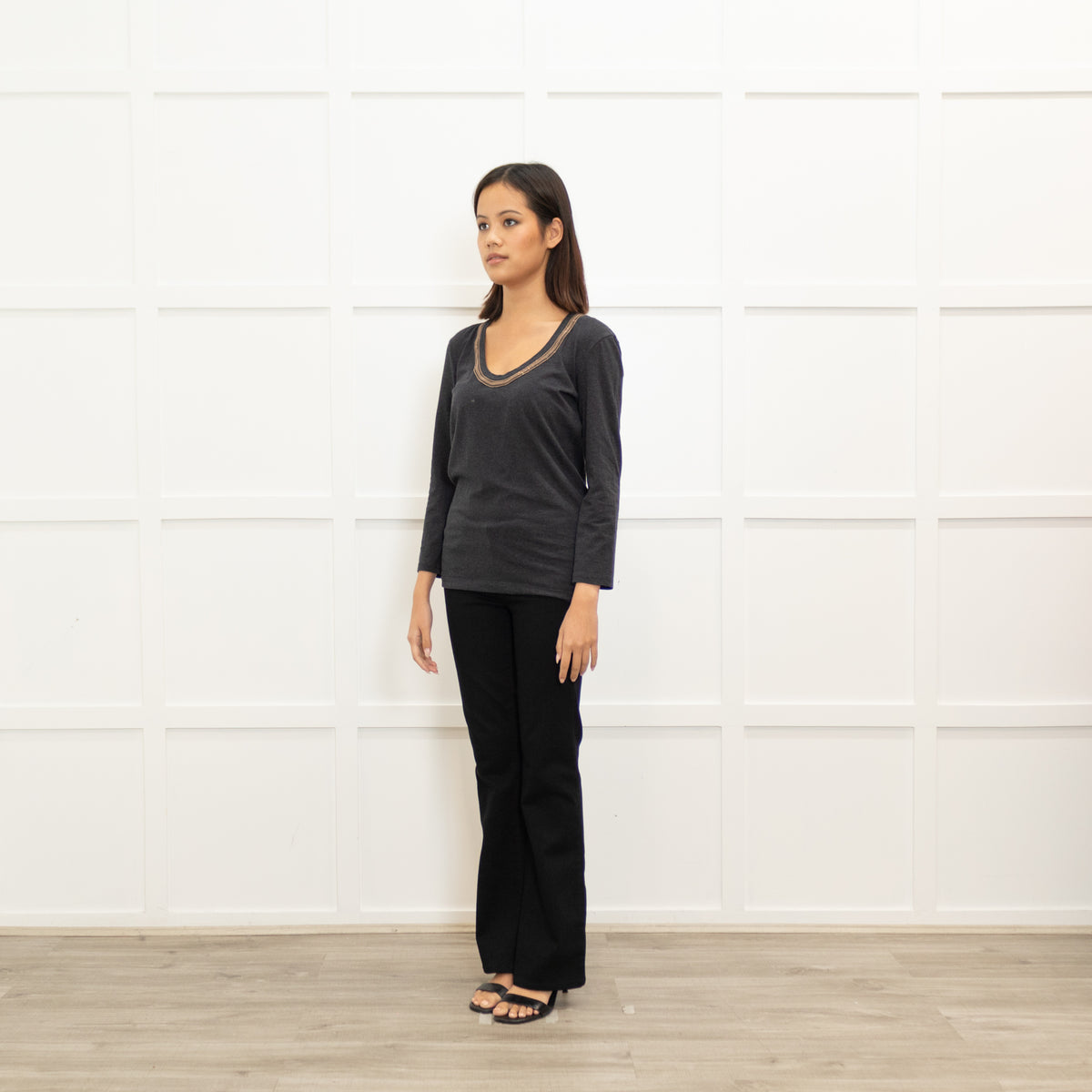Brunello Cucinelli Grey Long Sleeve Cotton Top With Rose Gold  Neckline Detail
