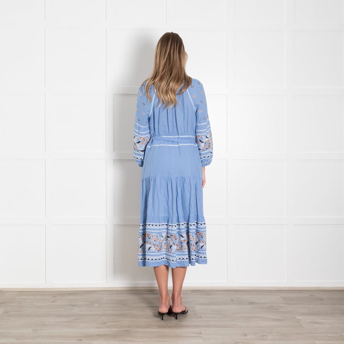 Veronica Beard Sky Blue White Navy Brown Embroidery Maxi Dress
